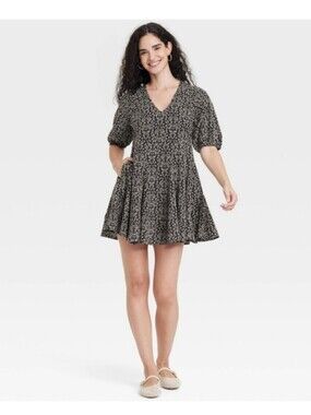 Universal Thread Black Floral V‑Neck Bell Sleeve Mini Dress
